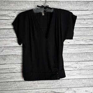 Black Faux Wrap Blouse with button accents